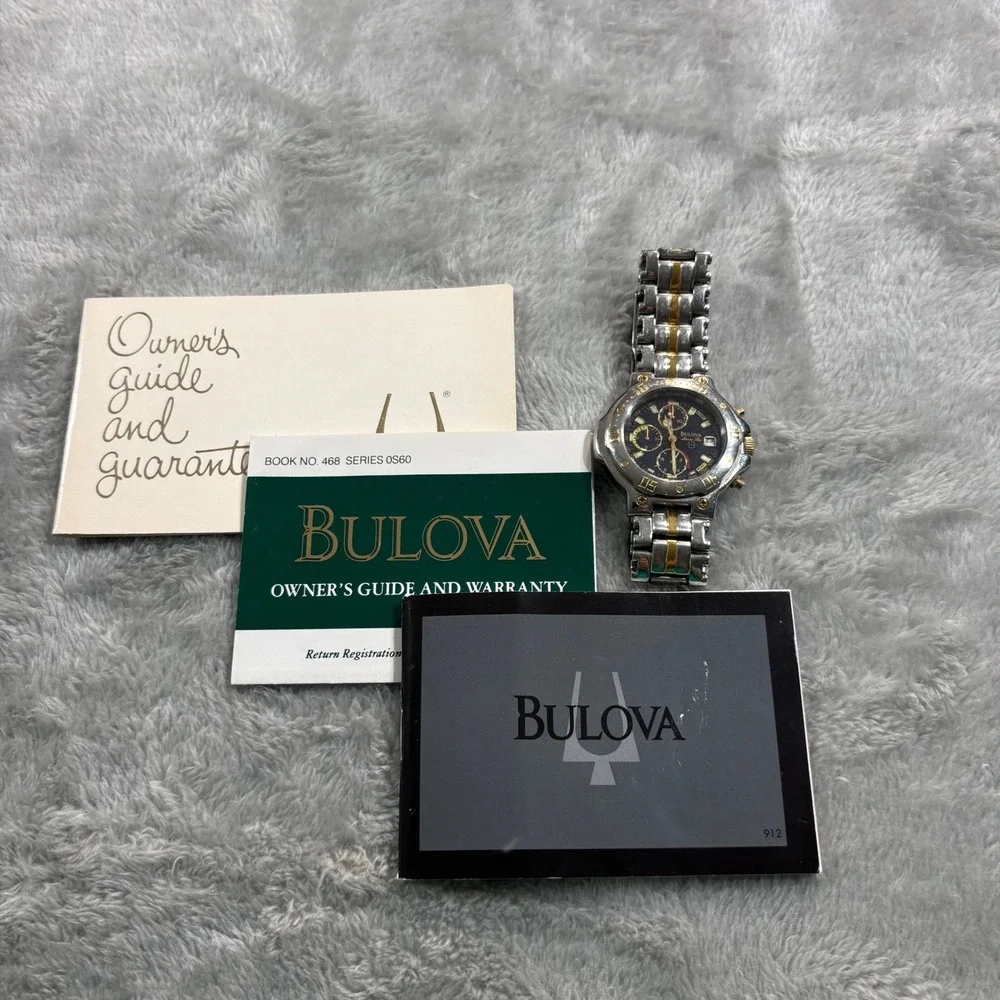 Bulova Marine Star Watch Men OS60 Blue Dial Silver Gold Chronograph Tachymeter
